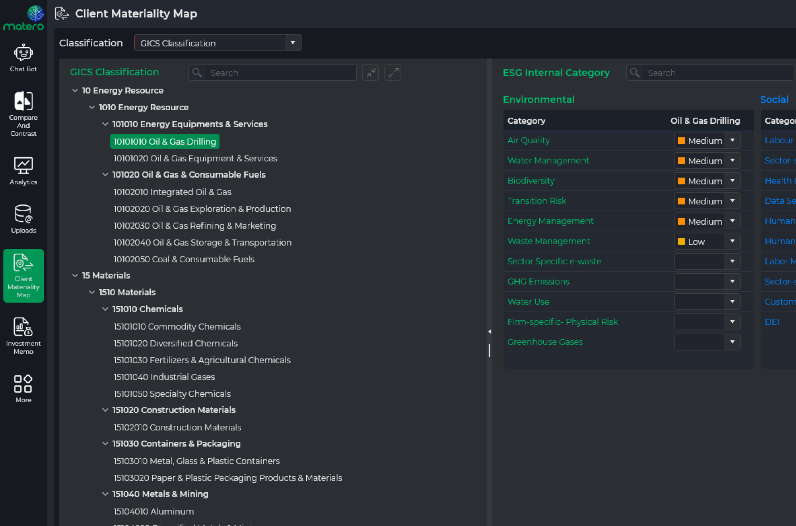 Matero Client Materiality Map showing ESG issue categories by industry